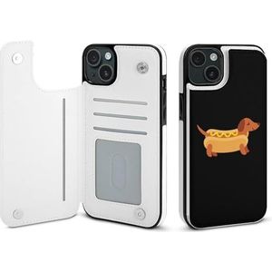 Teckel in hotdog broodje met mosterd, openklapbaar telefoonhoesje compatibel voor iPhone 15 Plus, schattig portemonneehoesje, telefoonhoesje met kaarthouder