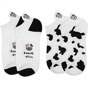 SOIMISS 2 paar damessokken koeienpatroon schattige sokken grappige diersokken korte sokken (zoete melk + koeienvlekken)