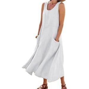 HHuiXinXue Mouwloze maxi-jurk voor dames, zomer, effen kleuren, linnen, lange jurk, modieus, vloeiende, etno-jurk met zakken, Wit, XL
