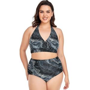 sawoinoa Zwarte marmeren steen mineraal dames badpak oversized bikini set tweedelig push-up badmode V-hals buikcontrole hoge taille zwemkleding, Mode Pop, XXL