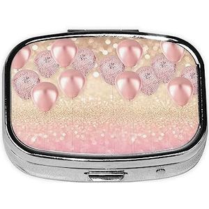 Roze Glitter Ballon Gedrukt Vierkante Pillendoos Metalen Ijzer Plating Mini Pil Case Draagbare Reizen Pil Organizer met 3 Compartiment voor Pocket Portemonnee