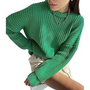 Sawmew Dames winter effen kleur trui Basic O-hals lange mouw elegante pullover gebreide trui (Color : Green, Size : M)