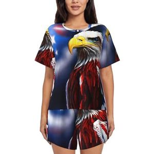 American Bald Eagle Print Dames Zomer Zachte Tweedelige Bijpassende Outfits Korte Mouw Pyjama Lounge Pyjama Sets, Zwart, M