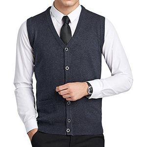 FULIER Herenvest van wol met V-hals, mouwloos vest, klassiek vest voor heren, gebreide trui met knopen, donkergrijs, M