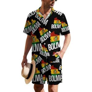 Bolivia Kaart en vlag Hawaiiaanse pak voor heren, set van 2 stuks, strandoutfit, shirt en korte broek, bijpassende set