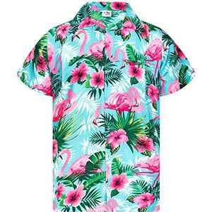 King Kameha Funky Hawaïhemd voor heren, korte mouwen, voorzak, stijlvol, funky flamingo's, bloemen, uniseks, Flamingo-bloemen design-turquoise-roze, XS
