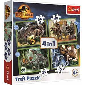 Trefl - Jurassic World Dominion, Gevaarlijke Dinosaurussen - puzzel 4in1, 4 legpuzzels, 35 tot 70 stukjes - Puzzels met Dinosaurussen, Jurassic Park, Entertainment, voor Kinderen vanaf 4 jaar