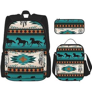 Paard Strepen Patroon Grote Capaciteit Rugzak Lunch Tas Pen Pouch 3 Stuk Set voor Kantoor Reizen Camping Unisex, Zwart, Eén maat