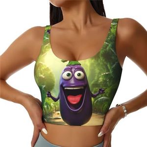 ZXERTG Atletische tanktops met cartoon-aubergineprint, hoge ondersteuning, ideaal voor high-impact trainingen, yoga en hardlopen, Zwart, S