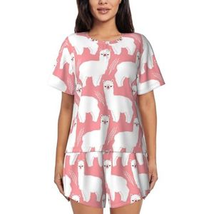 JIAWUJYNB Alpaca lama print dames pyjama met korte mouwen - comfortabele korte sets, mouwen nachtkleding met zakken, Zwart, M