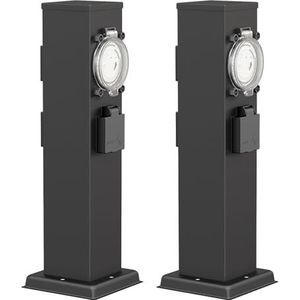 ledscom.de 2 tuincontactdoos POLLY voor buiten, IP44, timer/timer, 3-voudig, roestvrij staal, zwart, vierkant, 38 cm