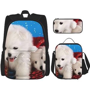 Merry Christmas Witte Sneeuw Hond Gedrukt Casual Rugzak Met Lunch Box Potlood Case Laptop Rugzak Reizen Dagrugzak, Zwart, Eén maat