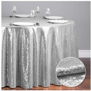 VONCYKI Zilverkleurig pailletten tafelkleed rond feest verjaardag elegante glitter tafelkleed cover evenementen voor bruiloft feest kerstdecoratie (zilver, diameter 275 cm)