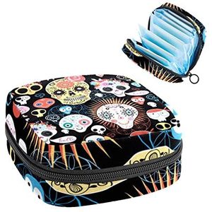 Maandverband Opbergtas,Draagbare maandverband Opbergzak,Schedels patroon, Meerkleurig, 4.7x6.6x6.6 in/12x17x17 cm