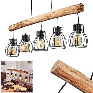 Hanglamp Gondo, hanglamp van metaal/hout in zwart/bruin, 5 lampen, 5 x E27, moderne hanglamp, zonder gloeilampen