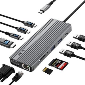 Acer 11-in-1 USB C HUB Multiport Adapter met 4K @60Hz HDMI, 1080P VGA, 2x10Gbps USB C, 2x5Gbps USB A, 100W PD-poort, 1000Mbps Ethernet, SD/TF, Dual Monitor Docking Station voor PC, Laptop, Desktop