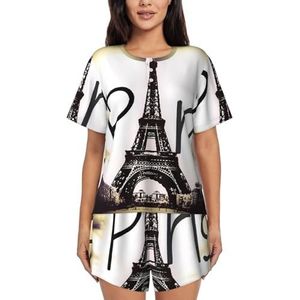 Eiffeltoren Love Paris Print Dames Pyjama Sets Lounge Wear Set Zachte Loungewear Korte Mouwen Pjs En Shorts, Zwart, S