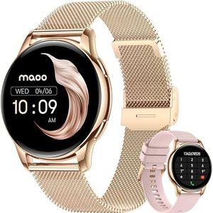 Maoo Ventura AMOLED Smartwatch dames - Smartwatches voor Dames van roestvrij staal en siliconen band - Stappenteller - Hartslagmeter - Multisport - Geschikt voor Android en iOS, Rosé Goud