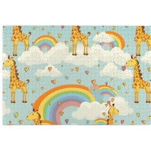 1000 Stuk puzzel voor volwassenen gepersonaliseerde foto puzzel cartoon giraffe regenboog wolken aangepaste houten puzzel voor familie, verjaardag, bruiloft, spel nachten geschenken, 74,9 cm x 50 cm