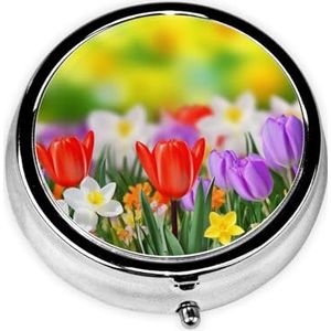 Ronde pillenetui voor portemonnee of zak, 2 compartimenten, medicijnpillendoos, draagbare kleine pillenorganizer, lentebloemen, pillendoos, reisgeneeskunde, vitamine kabeljauw, leverolie, opbergdoos