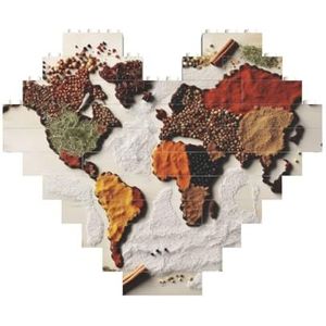 Wereldkaart gemaakt van specerijen bedrukt bouwstenen blok puzzel hartvormige foto DIY bouwsteen puzzel gepersonaliseerde liefde bakstenen puzzels voor hem, voor haar, voor geliefden
