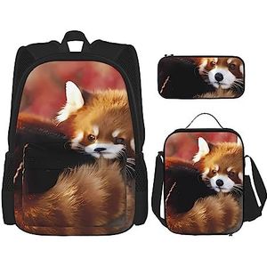 Red Panda Rugzak 3-delige schooltas met lunchbox en etui set - geschikt voor jongens en meisjes, Zwart, Eén maat, Rugzak voor kinderen