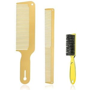 cutecool 3-delige metalen kam en haarborstelset, uitgerust met roestvrijstalen platte kam voor fijne vormgeving, snijkam, haarreinigingsborstel (goud)