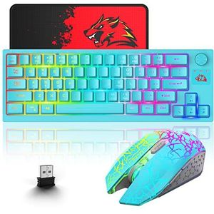 60% Draadloos gaming-toetsenbord muis combo, 64 toetsen met knop 3800mAh Oplaadbaar batterij RGB verlichting Keyboard, 2400 DPI regenboog mute-muis met muispad, Compatibel PS4/PS5/PC/Laptop - Blauw
