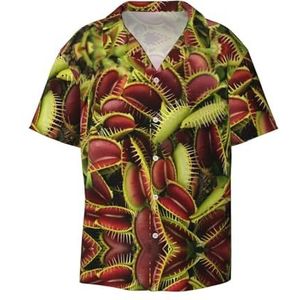 TyEdee Vleesetende plantenprint heren korte mouwen overhemden met zak casual button-down shirts business shirt, Zwart, 4XL