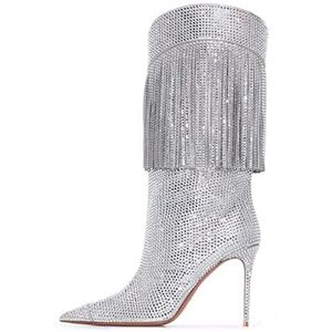 Dames Laarzen Mode Sexy Puntschoen Stiletto Hoge Hak Strass Kwastje Mode Catwalk Maskerade Schoenen Grote maten Herfst en Winter Laarzen Zilver(37 EU)