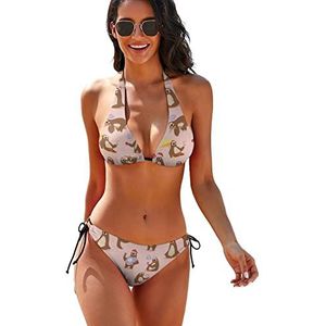 Luiaards patroon dames 2-delige bikini set driehoekige badmode halter string badpakken met stropdas kant M