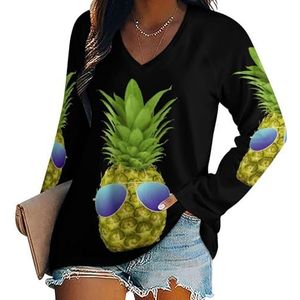 Cool Pineapple Damesshirt met V-hals en lange mouwen, casual losse pasvorm