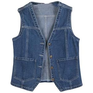 Dames Denim Vest Gewassen Met Knopen, V-Hals, Button Down Gilet, Racerback Casual Voor Dames Veelzijdige Donkerblauw XXL