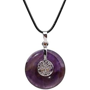 Women Natural Stones Leather Necklace Roud Tree Of Life Charm Stone Pendant Necklace Fashion Women Male Yoga Jewelry (Color : Amethyst)
