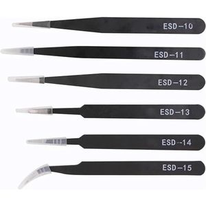 Antistatische veiligheid ESD roestvrij staal precisie pincet met gebogen punt elektronisch laboratorium sieraden handwerk onderhoudsgereedschap (6 stuks)