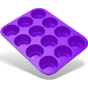 Belmalia Grote Muffin Bakvorm Silicone, 12 Holtes, Antiaanbaklaag Muffinvorm, Bakvorm voor Muffins, Cupcake, Cakes, Brownies, Pudding, Paars