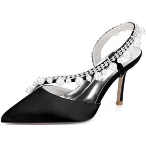 KYEGLO Satijnen Damessandalen Met Spitse Neus En Riempje - Gesloten Neus, Naaldhak Met Strass En Parel, Feestelijke Bruiloftsschoenen, Cadeaus Voor Vrouwen,zwart,36 EU