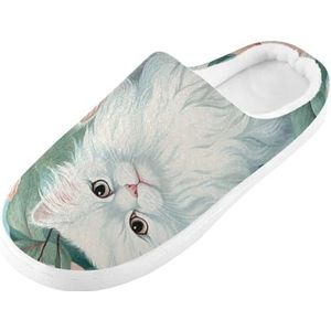KAAVIYO Leuke witte katten bloem cartoon blauwe raket outdoor slippers katoenen huisschoenen winter antislip pluizige voeten slippers voor binnen mannen vrouwen meisje, Patroon, Small