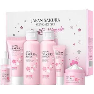 LAIKOU Huidverzorgingsset, Sakura Huidverzorgingssets & -kits - Reinigingsmiddel, Toner, Lotion, Serum, Oogcrème, Gezichtscrème, Reisset Voor Vrouwen Moeder Dochter TSA-vriendelijke Maten 6 stuks