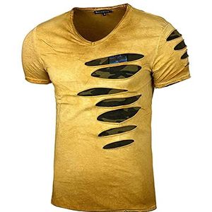 Heren gewassen vintage used look ronde hals T-shirt korte mouwen hemd slim fit design mode 053, 15053 camel, L