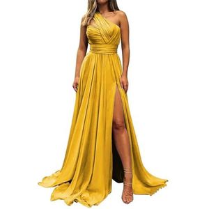 Chiffon bruidsmeisjesjurken voor dames, voor bruiloft, ruches galajurken, plooien, cocktailjurken, grote maten, Mosterd Geel, 32