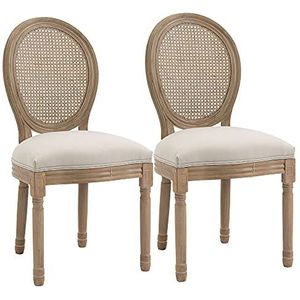 HOMCOM set van 2 eetkamerstoelen vintage keukenstoel gestoffeerde stoel met rotan rugleuning linnen touch rubber hout wit 49 x 56 x 96 cm