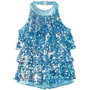 NUOYIXUAN Modern jazz-danspak voor meisjes, kort gymnastiekpak met glinsterende pailletten en houder, podiumoptredingskleding (blauw, 16)