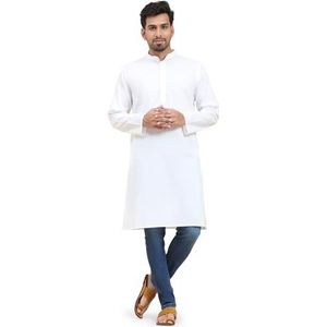SKAVIJ Herenshirt Katoen Kurta Tuniek Met Lange Mouwen Casual Shirts (Wit, XL)