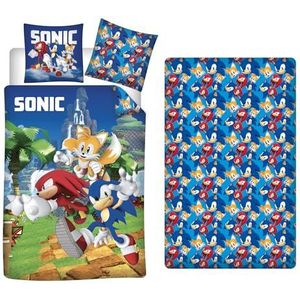 Aymax Sonic Beddengoedset, 3-delig, dekbedovertrek 140 x 200 cm + kussensloop 63 x 63 cm + hoeslaken 90 x 190 cm, met sonic, knuffels en staartjes