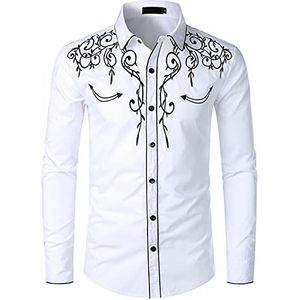 NW Mens stijlvolle westerse cowboy shirt geborduurd slim fit casual lange mouwen shirts heren bruiloft party shirt, Kleur: wit, XL