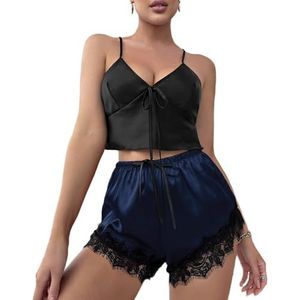 LoprNsdgt Dames Sexy Zijden Satijnen Pyjama Sets Mouwloze Tops En Kant Trim Shorts Sets Slaapkleding,Blauw,L