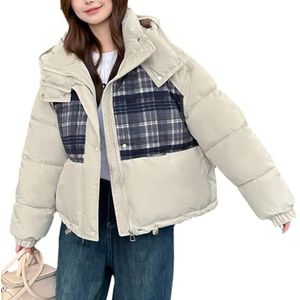 Geruite Patchwork Pufferjas for Dames, Heuplange Cropped Gewatteerde Jas Met Capuchon en Zakken(White,XXL)