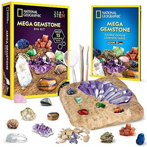 National Geographic Mega Gemstone Dig Kit - Graaf 15 echte edelstenen op met deze graafset, STEM Science Educatief speelgoed maakt geweldige kinderactiviteiten