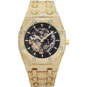 ICEDIAMOND Heren Full Lab Diamond Openwork Hand-Wind Automatisch Polshorloge Hip Hop Iced Out Bling Zircon Skeleton Dial Luxe Horloge voor Rapper, goud, 43mm,